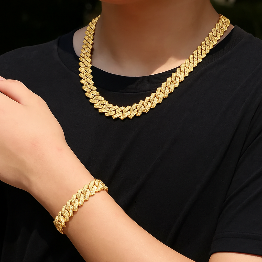 Conjunto Cubano Gold ice out Cadena + Pulsera
